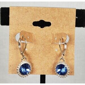 Vtg  Blue Crystal Rhinestone Rivoli Silver Tone Dangle Leverback Earrings Mark M